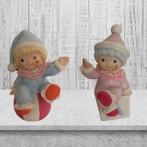 2 Vintage Homco Baby Clowns Porcelain Figurines Boy and Girl #1451